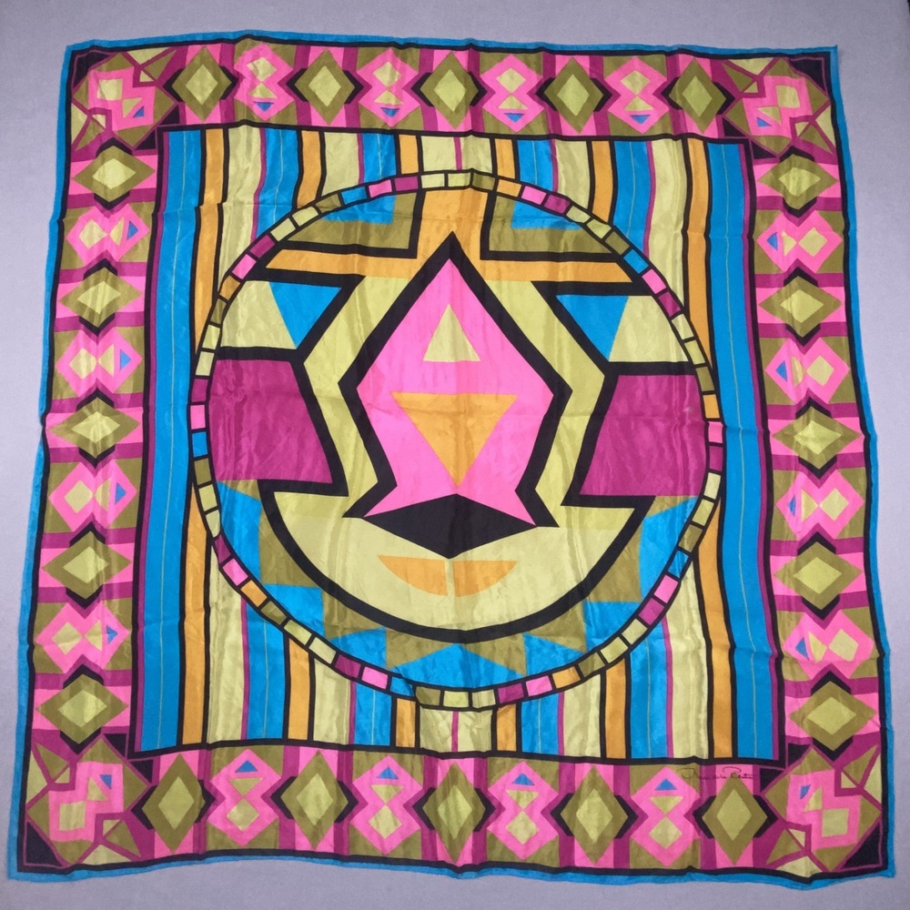 Oscar de la Renta Silk Scarf Geometric Abstract Pink Blue Gold Square 34in
